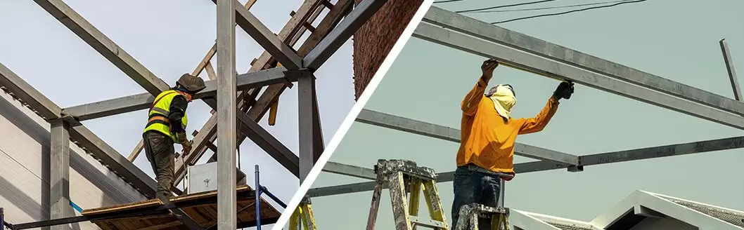 Empleados construyendo estructuras metalicas