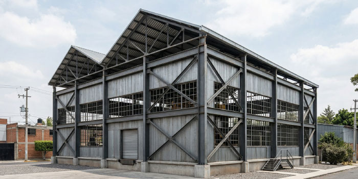 Edificio industrial con estructura de acero y cubierta inclinada de lámina