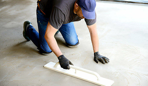 Trabajador realizando piso de cemento pulido