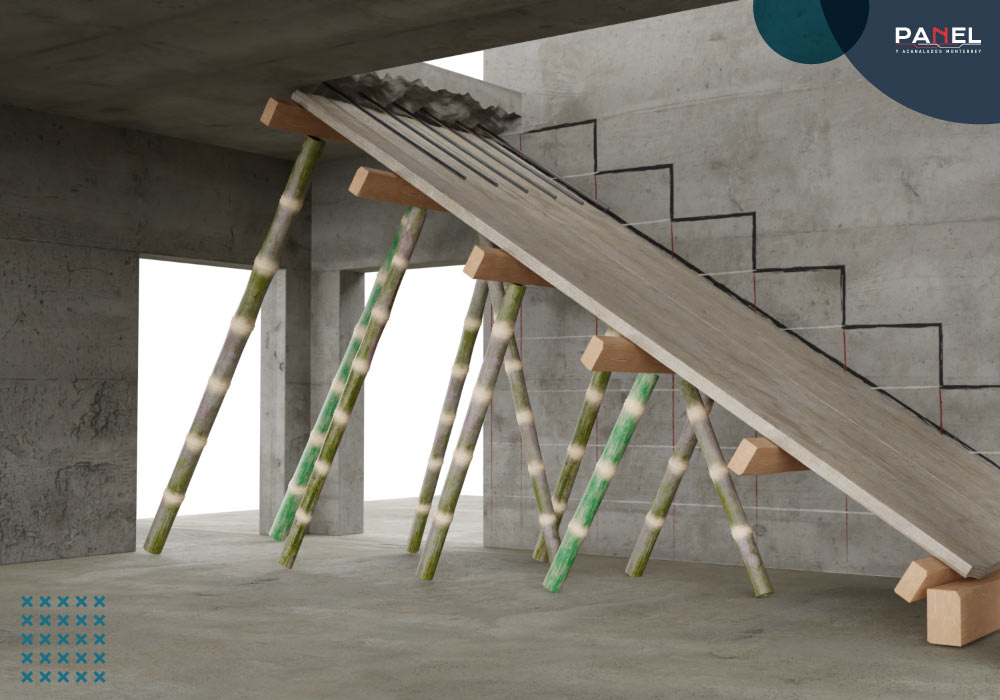 Diagrama de la cimentación y colocación de la base de madera para la escalera de concreto 