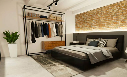 Guardarropa minimalista elaborado con perfiles de acero dentro de una habitación