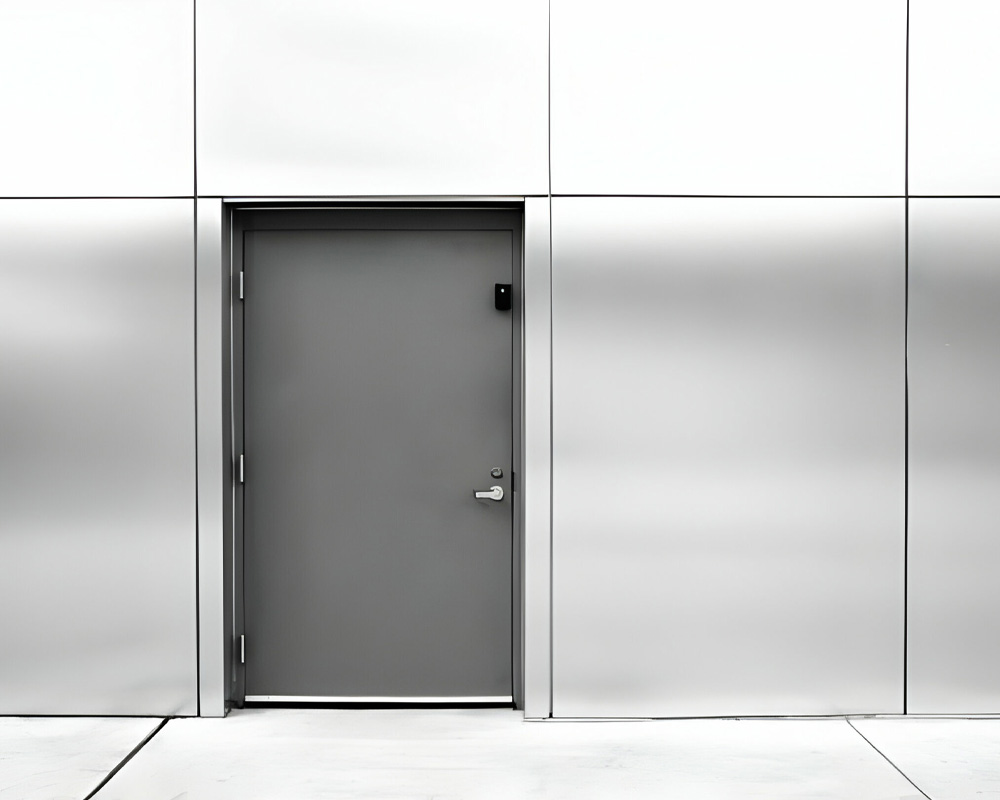 Puerta de acceso principal hecha con lámina lisa y diseño sencillo de herrería