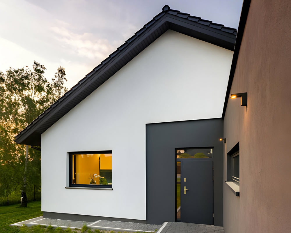 Puerta principal con diseño sencillo y moderno en una casa de una planta