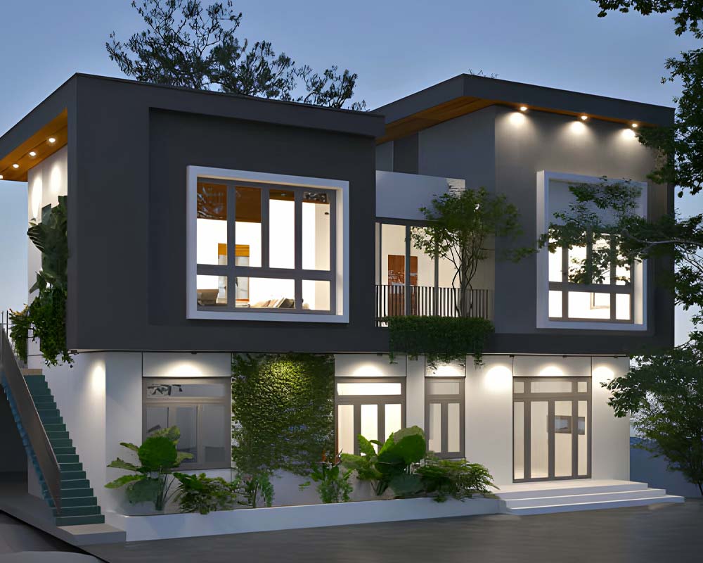 Vista panorámica de una casa de dos pisos con puertas de herrería elegantes dispuestas como entrada principal