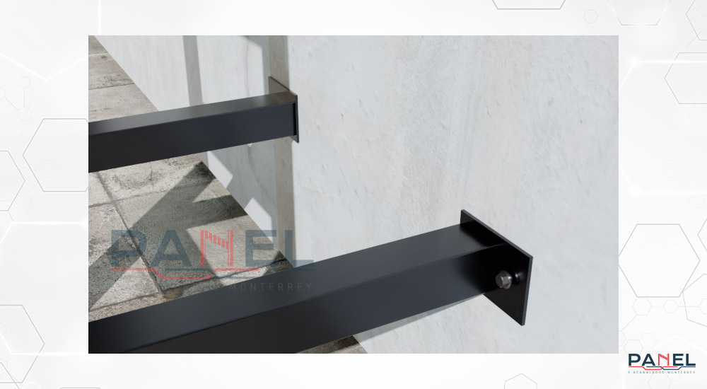 Esquema 3D de placas de acero fijadas al muro - Escaleras marinas