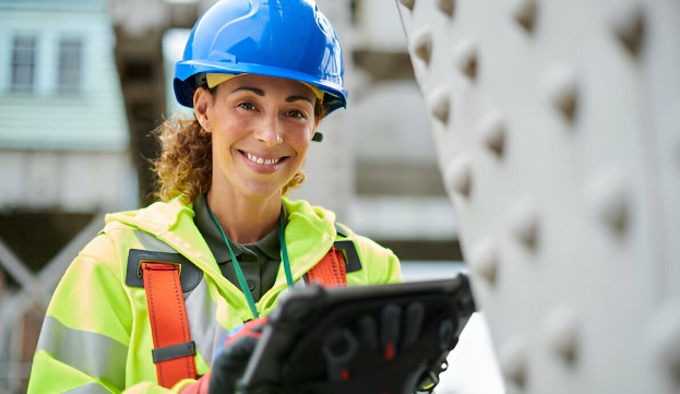 Ingeniera usando equipo de seguridad sonriendo