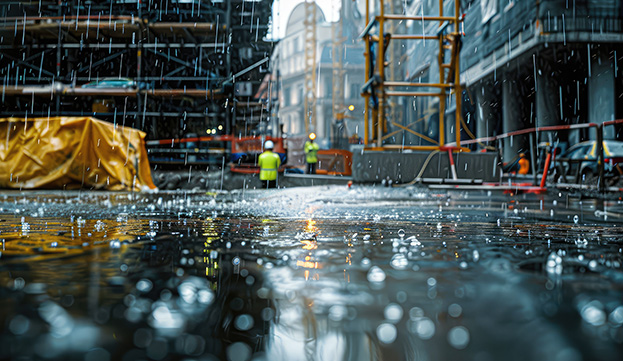 Sitio de construcción bajo la lluvia