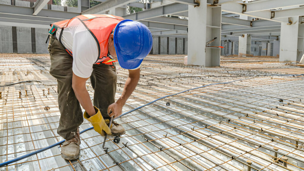 Trabajador amarrando una parrilla de Malla Electrosoldada durante la construcción de una losa