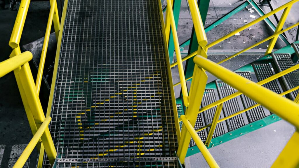 Pasillo y escalones de Rejillas Electroforjadas construidas en el interior de una planta industrial