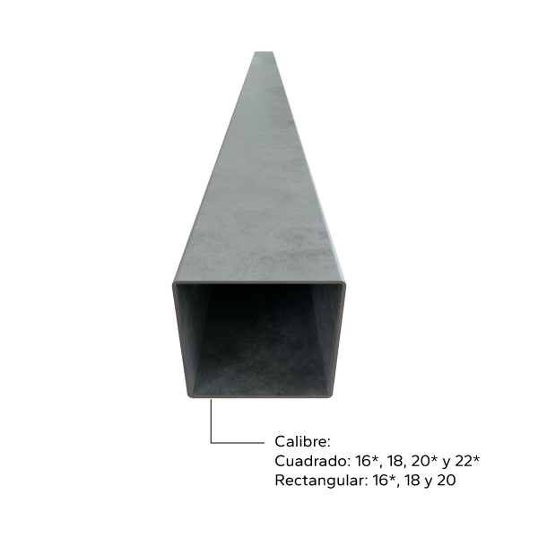 Vista frontal de perfil tubular con dimensiones marcadas