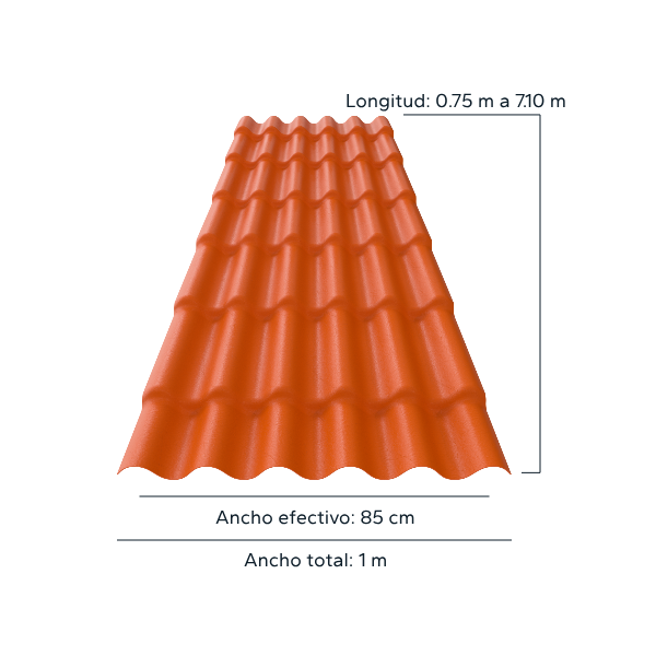 Diseño renderizado de Lámina Plastiteja con especificaciones de longitud y ancho