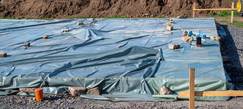 Obra protegida con lonas impermeables para evitar filtraciones durante la temporada de lluvias