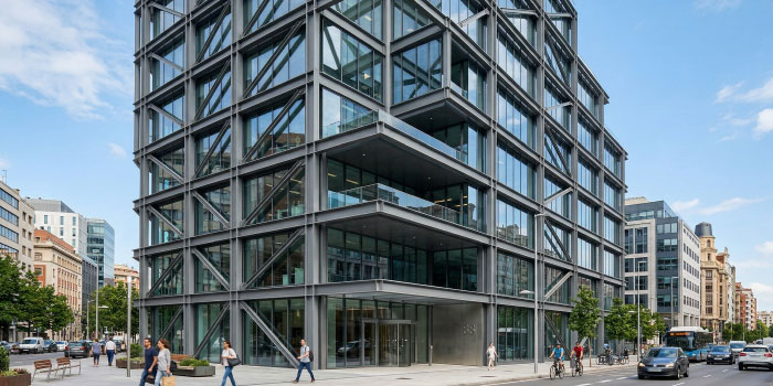 Edificio moderno con estructura de acero expuesta y fachada de vidrio