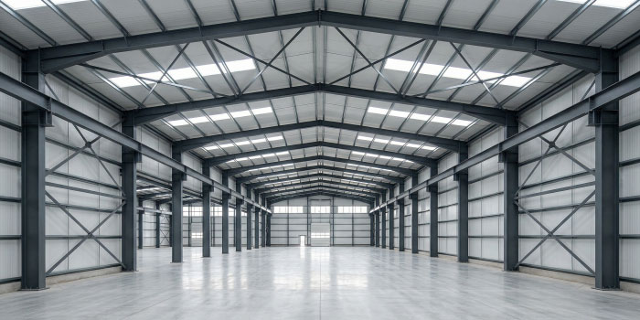 Nave industrial construida con estructura de acero y vigas metálicas de gran claro